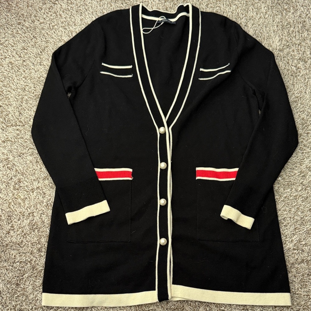 Zara Black Long Cardigan with Cream Trim and Red Pocket Stripes